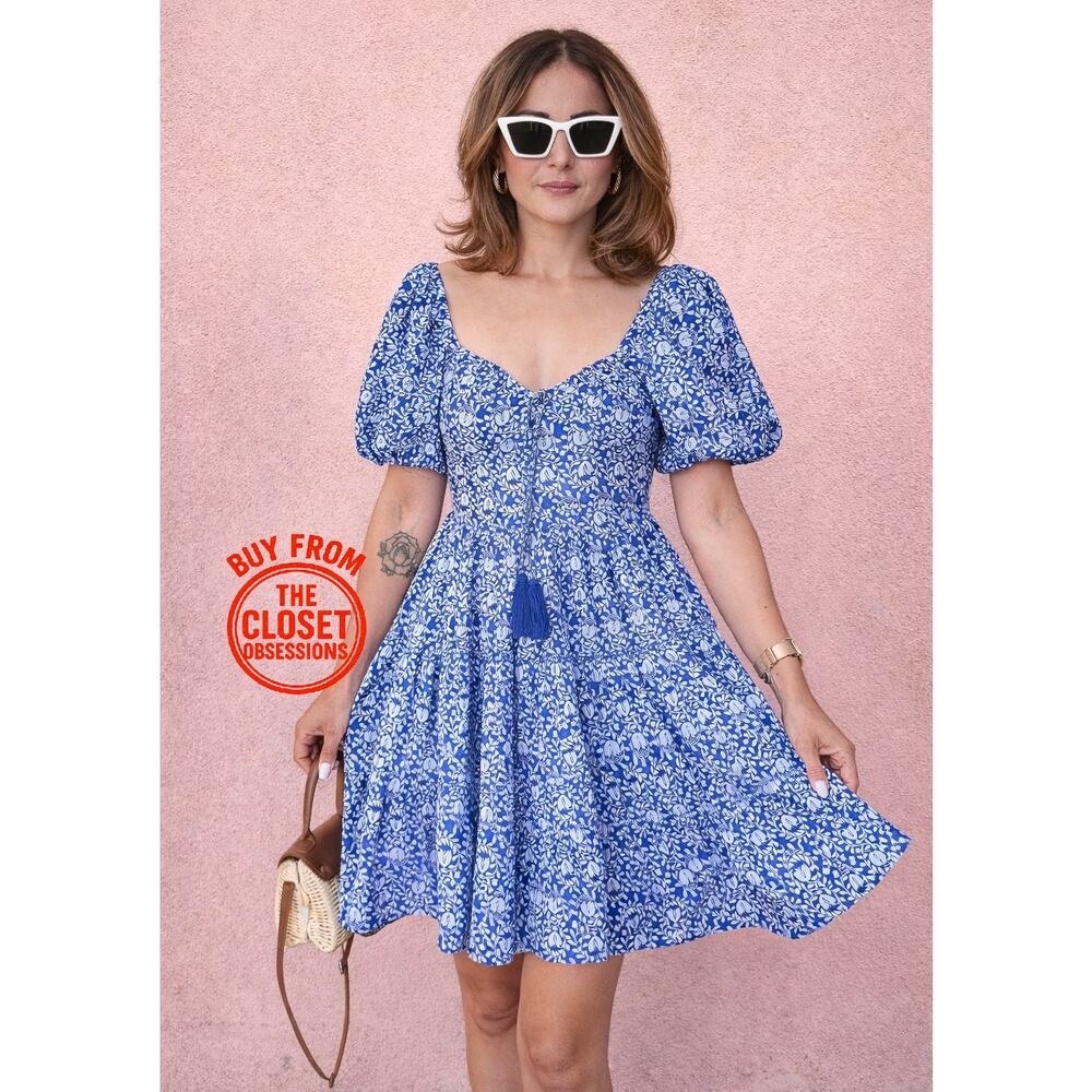 Zara NWT Blue White Cotton Floral Smocked Mini Dress M L - Picture 5 of 16